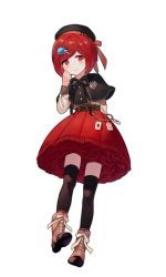 Rule 34 | 1girl, 1p ino, alternate costume, black thighhighs, blush, boots, brown eyes, card, cross-laced footwear, danganronpa (series), danganronpa v3: killing harmony, dress, full body, hair ornament, hairclip, hat, highres, lace-up boots, looking at viewer, red hair, short hair, simple background, thighhighs, white background, yumeno himiko