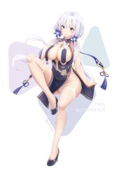 Rule 34 | 1girl, absurdres, azur lane, black dress, black footwear, blue eyes, breast curtains, breasts, cleavage, cosplay, dress, fishnet thighhighs, fishnets, garter straps, haruka poi, high heels, highres, illustrious (azur lane), knee up, large breasts, long hair, looking at viewer, low twintails, panties, parted lips, pelvic curtain, see-through, side-tie panties, sirius (azur lane), sirius (azur lane) (cosplay), sirius (azure horizons) (azur lane), solo, string panties, thighhighs, thighs, twintails, underwear, white hair, white panties, white thighhighs