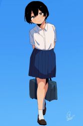 Rule 34 | 1girl, arms behind back, black footwear, black hair, blue background, blue skirt, blush, collared shirt, full body, highres, looking at viewer, original, pleated skirt, ruu wan mm, shirt, shirt tucked in, shoes, short hair, short sleeves, signature, simple background, skirt, smile, socks, solo, standing, white shirt, white socks