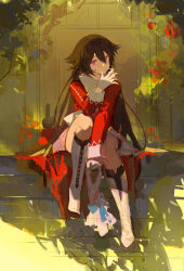 Rule 34 | 1girl, absurdres, alice (pandora hearts), bone, boots, bow, bowtie, brick, brown hair, closed mouth, commentary request, dress, grass, hair flaps, hand up, hayamafair, highres, knee boots, leaf, long hair, long sleeves, looking at viewer, mouth hold, pandora hearts, red dress, sidelocks, sitting, solo, sunlight, very long hair, white bow, white bowtie, white footwear