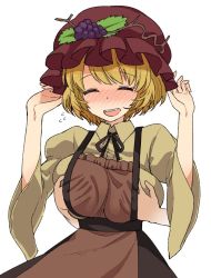 Rule 34 | 1girl, :d, ^ ^, aki minoriko, blonde hair, blush, grabbing another&#039;s breast, breasts, brown dress, closed eyes, cowboy shot, disembodied limb, dress, food, fruit, grabbing, grabbing from behind, grapes, groping, hat, hat ornament, large breasts, leaf, mob cap, nose blush, open mouth, short hair, smile, solo focus, touhou, urin, wide sleeves