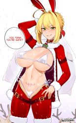 Rule 34 | 1girl, arm behind head, bag, bikini, blonde hair, breasts, cleft of venus, english text, fate/grand order, fate (series), green eyes, groin, hand on own hip, highres, large breasts, looking at viewer, meme, meme attire, navel, nero claudius (fate), nero claudius (fate) (all), padoru (meme), rabbit ears, reverse bunnysuit, reverse outfit, rezodwel, sack, santa costume, smile, swimsuit, tattoo