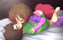 Rule 34 | 2girls, barefoot, bete noire, black hair, blush, brown hair, chara (undertale), child, ether core, closed eyes, feet, glitchtale, grabbing another&#039;s hair, highres, kiss, multicolored hair, multiple girls, red hair, short hair, skirt, toes, undertale, yuri