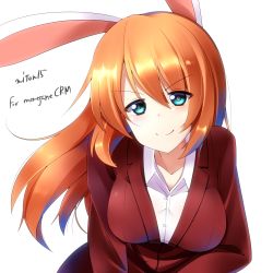 Rule 34 | &gt;:), 1girl, absurdres, animal ears, bad id, bad pixiv id, blazer, blue eyes, charlotte e. yeager, collarbone, highres, jacket, looking at viewer, miton (turuyasann), orange hair, rabbit ears, rabbit girl, solo, strike witches, v-shaped eyebrows, white background, world witches series