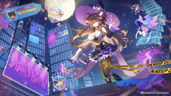 Rule 34 | 1girl, animal ears, apple caramel, black pantyhose, brown hair, cat ears, caution tape, city, commission, dress, from below, full body, hat, highres, original, pantyhose, purple dress, purple eyes, standing, witch hat