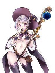 Rule 34 | 10s, 1girl, absurdres, aishan (aaaishan), bag, bare shoulders, bikini, bikini warriors, black bikini, breasts, cape, detached sleeves, fur trim, hat, highres, large breasts, light purple hair, looking at viewer, mage (bikini warriors), moon, navel, open mouth, pouch, purple eyes, short hair, solo, staff, standing, star (symbol), swimsuit, thighhighs, underboob, witch hat