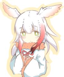Rule 34 | 10s, 1girl, bird wings, blush, frilled sleeves, frills, fur collar, gloves, hands on own chest, head wings, japanese crested ibis (kemono friends), kemono friends, long sleeves, momose tsugumi, multicolored hair, neck ribbon, red hair, ribbon, short hair, sidelocks, solo, upper body, white hair, wings