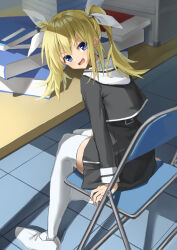 Rule 34 | 1girl, absurdres, arimura hinae, arms at sides, black jacket, black skirt, blonde hair, blue eyes, blush, chaos;child, commentary, cropped jacket, fang, from behind, full body, hair between eyes, hair ribbon, happy, high-waist skirt, highres, indoors, jacket, leaning forward, long hair, long sleeves, looking at viewer, looking back, n tarou, on chair, open mouth, ribbon, sailor collar, school uniform, serafuku, sitting, skirt, smile, solo, thighhighs, tile floor, tiles, twintails, white footwear, white ribbon, white sailor collar, white thighhighs, zettai ryouiki