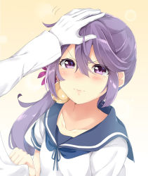 Rule 34 | 10s, 1girl, admiral (kancolle), akebono (kancolle), bad id, bad pixiv id, bell, blush, clothes grab, commentary request, flower, gloves, hair bell, hair flower, hair ornament, hand on another&#039;s head, head pat, headpat, highres, jingle bell, kantai collection, long hair, nishimi shin, purple eyes, purple hair, school uniform, serafuku, side ponytail, solo focus, tears, very long hair, white gloves