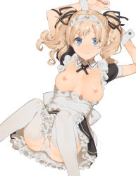 Rule 34 | 10s, 1girl, 2l (2lsize), arms up, ass, blonde hair, blue eyes, blush, breasts, breasts out, character request, closed mouth, cowboy shot, dress, embarrassed, frills, full-face blush, hair ribbon, highres, looking at viewer, lying, maid, maid headdress, medium breasts, nail polish, nipples, panties, ribbon, short sleeves, simple background, sitting, solo, spread legs, thighhighs, thighs, twintails, underwear, white background, white thighhighs, wristband
