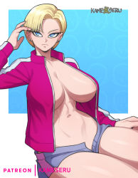 Rule 34 | 1girl, android 18, blonde hair, blue eyes, breasts, cleavage, dragon ball, dragon ball super, female focus, huge breasts, jacket, kameseru, large breasts, navel, nipple slip, nipples, open clothes, open jacket, short hair, shorts, sitting, solo, thick thighs, thighs, track jacket