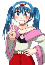 Rule 34 | 1girl, belt, blue eyes, blue hair, blush, hairband, high-waist shorts, jewelry, long hair, looking at viewer, lucia (lunar), lunar, lunar 2: eternal blue, motomiya ryou, necklace, shorts, simple background, smile, solo, twintails, v, white background