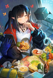 Rule 34 | 1girl, :t, arknights, bag, belt collar, black hair, black jacket, blush, bottle, chinese commentary, chopsticks, closed eyes, closed mouth, closure (arknights), collar, commentary request, commission, dated, drone, eating, flower, food, fork, hair between eyes, hands up, highres, holding, holding food, holding fork, holding plate, jacket, jar, long hair, long sleeves, monitor, mush, open clothes, open jacket, plastic bag, plate, pointy ears, red collar, red jacket, shirt, smile, solo, soup, swept bangs, table, two-sided fabric, two-sided jacket, two side up, upper body, white shirt, zipper