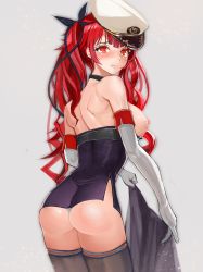Rule 34 | 1girl, absurdres, ass, azur lane, bare shoulders, black ribbon, black thighhighs, blush, breasts, closed mouth, dress, elbow gloves, gloves, hair ribbon, hat, highres, honolulu (azur lane), large breasts, long hair, looking at viewer, looking back, microdress, nipples, peaked cap, red eyes, red hair, ribbon, rokuba, shoulder blades, simple background, solo, thighhighs, thighs, twintails, white gloves