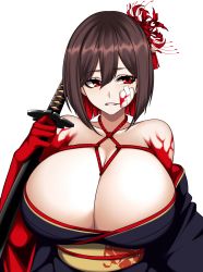 Rule 34 | 1girl, absurdres, bandages, bare shoulders, bdsm, bondage, bound, breasts, brown hair, cleavage, colored inner hair, flower, hair flower, hair ornament, highres, huge breasts, hz (666v), japanese clothes, katana, kimono, multicolored hair, original, red eyes, red hair, scar, short hair, solo, sword, two-tone hair, weapon, white background
