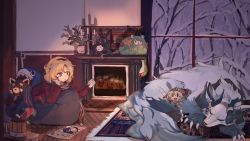 Rule 34 | 1girl, blonde hair, blue eyes, fireplace, food, future princess, golden jing, guardian tales, hand on own face, highres, holding, looking at another, marshmallow, mayreel (guardian tales), short hair, sleeping, swept bangs, white beast (guardian tales), winter