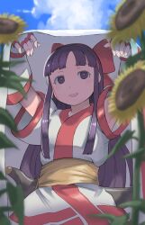 Rule 34 | 1girl, absurdres, armpits, arms up, breasts, fingerless gloves, flower, gloves, hair ribbon, highres, long hair, looking at viewer, nakoruru, purple eyes, purple hair, ribbon, samurai spirits, small breasts, smile, snk, solo, sunflower, the king of fighters, weapon
