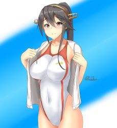 Rule 34 | 1girl, alternate hairstyle, black hair, blue bag, breasts, brown eyes, collarbone, competition swimsuit, cowboy shot, dated, hair between eyes, hair ornament, hairband, hairclip, haruna (kancolle), highleg, highleg swimsuit, highres, kantai collection, large breasts, long hair, looking at viewer, montemasa, one-hour drawing challenge, one-piece swimsuit, ponytail, red one-piece swimsuit, solo, standing, swimsuit, swimsuit under clothes, two-tone background, two-tone swimsuit, vest, white background, white one-piece swimsuit