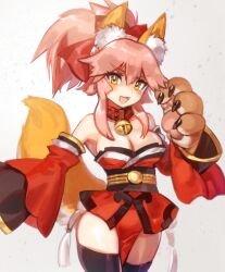 Rule 34 | animal ear fluff, animal ears, animal hands, bare shoulders, bell, black thighhighs, blush, breasts, cat ears, cat paws, cat tail, cleavage, detached sleeves, fangs, fate/grand order, fate (series), large breasts, neck bell, open mouth, pink hair, red sleeves, simple background, tail, tamamo (fate), tamamo cat (fate), thighhighs, thighs, white background, yellow eyes, yurizuka (sergeant heart)