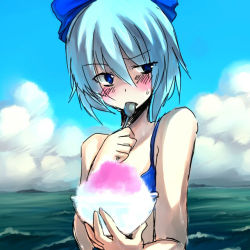 Rule 34 | 1girl, bare shoulders, beach, blue eyes, blue hair, blush, cirno, day, eating, food, holding, holding spoon, ice cream, matching hair/eyes, onimaru, onimaru gonpei, shaved ice, short hair, solo, spoon, swimsuit, touhou