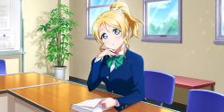 Rule 34 | 1girl, absurdres, artist name, artist request, ayase eli, black jacket, blonde hair, blue cardigan, blue eyes, blue jacket, blush, bow, bowtie, breasts, cardigan, chair, collared shirt, female focus, green bow, hair between eyes, hair ornament, hair scrunchie, high ponytail, highres, holding, holding paper, holding pencil, indoors, jacket, long hair, long sleeves, looking at viewer, love live!, love live! school idol festival, love live! school idol festival all stars, love live! school idol project, on chair, otonokizaka school uniform, paper, parted lips, pencil, ponytail, school uniform, scrunchie, shirt, short hair, short sleeves, sitting, small breasts, smile, solo, striped, striped bow, table, upper body, white scrunchie, white shirt, window