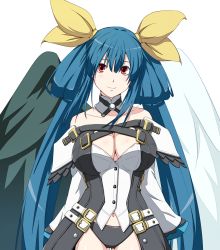 Rule 34 | 1girl, ass, asymmetrical wings, bare shoulders, belt, black panties, blue hair, breasts, buttons, cleavage, collarbone, cowboy shot, detached collar, detached sleeves, dizzy (guilty gear), gluteal fold, guilty gear, guilty gear xrd, hair ribbon, krs (karasu), large breasts, long hair, looking at viewer, navel, panties, red eyes, ribbon, simple background, smile, solo, thigh gap, thighs, underwear, white background, wings, yellow ribbon
