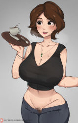 Rule 34 | 1girl, bangle, bare arms, big hero 6, black shirt, blush, bob (bobtheneet), bracelet, breasts, brown hair, cass hamada, censored, cleavage, coffee, coffee cup, collar, collarbone, cowboy shot, cup, curvy, disposable cup, eyeshadow, facing viewer, female focus, female pubic hair, green eyes, grey background, censored, highres, jewelry, large breasts, legs together, makeup, midriff, mosaic censoring, navel, pubic hair, pussy, pussy peek, saucer, shirt, short hair, simple background, sleeveless, solo, spoon, standing, sweat, teaspoon, tray, wide hips