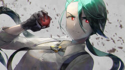 Rule 34 | 1girl, black gloves, black necktie, bright pupils, buttons, closed mouth, collared shirt, commentary request, creatures (company), game freak, gloves, green hair, grey background, holding, holding poke ball, long hair, necktie, nintendo, poke ball, poke ball (basic), pokemon, pokemon sv, red eyes, rika (pokemon), shirt, smile, solo, suspenders, upper body, watermark, white pupils, yamanashi taiki