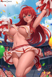 Rule 34 | 1girl, :d, ahoge, alternate costume, arm up, blue eyes, blue sky, breasts, cheering, cheerleader, confetti, crop top, crossed bangs, crowd, day, exlic, female focus, hair between eyes, high school dxd, highres, holding, holding pom poms, large breasts, light blush, lips, long hair, miniskirt, navel, nipple slip, nipples, no bra, open mouth, outdoors, panties, pantyshot, pleated skirt, pom pom (cheerleading), pom poms, red footwear, red hair, red trim, rias gremory, shoes, skirt, sky, smile, sneakers, socks, solo focus, stadium, standing, standing on one leg, sweat, thick thighs, thighs, underboob, underwear, white panties, white skirt, white socks