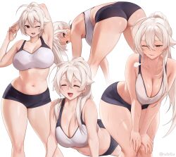 Rule 34 | 1girl, ahoge, arm behind head, arm up, armpits, ass, bare shoulders, bent over, black shorts, blush, breasts, brown eyes, cleavage, closed eyes, highres, iwbitu, large breasts, leaning forward, long hair, looking back, multiple views, navel, nyopu, one eye closed, open mouth, original, parted lips, ponytail, short shorts, shorts, sidelocks, smile, sports bra, stretching, thick thighs, thighs, white hair, white sports bra