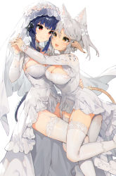 Rule 34 | 2girls, :d, akizone, animal ears, au ra, black hair, blush, borrowed character, breasts, cheeze (akizone), cleavage, dress, elbow gloves, feet out of frame, female focus, fictional persona, final fantasy, final fantasy xiv, flower, garter straps, gloves, grey hair, highres, holding hands, hug, jewelry, large breasts, long hair, long sleeves, looking at another, multiple girls, open mouth, red eyes, renz (rirene rn), ring, simple background, smile, tail, thighhighs, warrior of light (ff14), wedding band, wedding dress, white background, white dress, white gloves, white legwear, white theme, wife and wife, yuri, zettai ryouiki