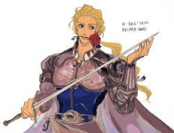 Rule 34 | 1boy, armor, blonde hair, blue eyes, cape, edgar roni figaro, final fantasy, final fantasy vi, flower, highres, holding, holding sword, holding weapon, long hair, multi-tied hair, oju (ouka), ponytail, red flower, red rose, rose, square enix, sword, weapon