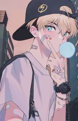 Rule 34 | 1boy, backwards hat, bad id, bad twitter id, bandaid, bandaid on face, black hair, black hat, blonde hair, blowing bubbles, blue eyes, bracelet, chewing gum, clqndb 27, hair between eyes, hand up, hat, highres, jewelry, looking at viewer, male focus, matsuno chifuyu, outdoors, shirt, short hair, short sleeves, solo, sticker, tokyo revengers, undercut, upper body, v, watch, white shirt, wristwatch
