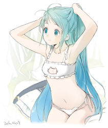 Rule 34 | 1girl, adjusting hair, arms up, bed, blue eyes, blue hair, bra, breasts, cat cutout, cat lingerie, chagen kokimu, cleavage cutout, closed mouth, clothing cutout, gradient hair, holding, holding own hair, kantai collection, long hair, meme attire, messy hair, multicolored hair, on bed, panties, samidare (kancolle), side-tie panties, sitting, small breasts, solo, underwear, underwear only, unworn clothes, very long hair, white bra, white panties