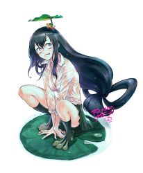 Rule 34 | 10s, 1girl, 2016, ;q, animal, animal on head, asui tsuyu, black hair, boku no hero academia, breasts, brown eyes, cleavage, dated, dripping, frog, full body, green skirt, hair between eyes, hair rings, hands on floor, lily pad, long hair, long sleeves, low-tied long hair, medium breasts, miniskirt, on head, one eye closed, pleated skirt, school uniform, shirt, signature, simple background, skirt, solo, split-toe footwear, squatting, tongue, tongue out, very long hair, water, water drop, wet, wet clothes, wet hair, wet shirt, wet skirt, white background, white shirt, yooani