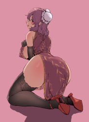 Rule 34 | 1girl, absurdres, alternate costume, ass, backboob, bad id, bad pixiv id, black gloves, black thighhighs, blush, breasts, bun cover, china dress, chinese clothes, closed mouth, commentary, covered erect nipples, curvy, double bun, dress, elbow gloves, full body, gloves, hair between eyes, hair bun, high heels, highres, ibaraki kasen, lace, lace-trimmed legwear, lace trim, large breasts, looking at viewer, looking back, pink dress, pink hair, red eyes, short hair, simple background, solo, stank, thick thighs, thighhighs, thighs, touhou