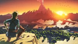 Rule 34 | 1boy, bird, blonde hair, cliff, forest, from behind, highres, kneeling, link, male focus, mountain, nature, nintendo, official art, pointy ears, ponytail, scenery, short ponytail, solo, sun, sunset, sword, the legend of zelda, the legend of zelda: breath of the wild, tree, volcano, weapon