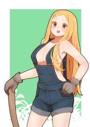 Rule 34 | 1girl, aged up, alternate breast size, alternate hair length, alternate hairstyle, axe, bare shoulders, blonde hair, blush, border, breasts, cleavage, collarbone, fate/grand order, fate (series), gloves, green background, grey gloves, hand on own hip, highres, i.u.y, large breasts, long hair, looking at viewer, naked overalls, open mouth, orange eyes, overall shorts, overalls, parted bangs, paul bunyan (fate), paul bunyan (third ascension) (fate), smile, sweat, thighs, white border