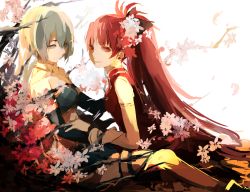 Rule 34 | 10s, 2girls, bare shoulders, blue eyes, blue hair, boots, bow, branch, cape, cherry blossoms, detached sleeves, fang, fortissimo, gloves, hair bow, hair ornament, hairclip, in tree, lemontea, long hair, looking at viewer, mahou shoujo madoka magica, mahou shoujo madoka magica (anime), mahou shoujo madoka magica movie 1 &amp; 2, miki sayaka, multiple girls, musical note, musical note hair ornament, petals, ponytail, red eyes, red hair, sakura kyoko, short hair, simple background, sitting, sitting in tree, smile, thighhighs, tree, white gloves, white legwear