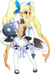 Rule 34 | 1girl, ball and chain (weapon), blonde hair, flat chest, full body, garter straps, green eyes, juliet (vanpri), legs, long hair, lowres, maid, maid headdress, mary janes, official art, pixel art, shoes, solo, spiked ball and chain, standing, sugeno tomoaki, thighhighs, transparent background, twintails, vanguard princess, very long hair