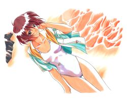 Rule 34 | 1990s (style), 1girl, beach, brown eyes, hand to head, hood, hoodie, kai tomohisa, looking away, nanase yuu, non-web source, official art, one-piece swimsuit, open clothes, open hoodie, red hair, retro artstyle, sentimental graffiti, short hair, short sleeves, solo, standing, swimsuit, thigh gap, water, white one-piece swimsuit