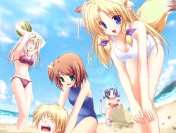 Rule 34 | 1boy, 4girls, :o, = =, ^ ^, age difference, animal ears, armpits, arms up, beach, bent over, bikini, blonde hair, blue eyes, blue hair, blue one-piece swimsuit, breasts, brown hair, buried, casual one-piece swimsuit, cleavage, closed eyes, cloud, constricted pupils, crab, crustacean, day, dog ears, dog tail, fisheye, food, fox ears, fox tail, fruit, game cg, green eyes, hair intakes, hair ribbon, hairband, hands on own knees, happy, haruhi sarasa, holding, holding food, holding fruit, inakoi, kamishiro mutsuki, kujou hiina, large breasts, lens flare, looking at another, looking at viewer, looking down, midou chihiro, multiple girls, navel, nervous, ocean, on ground, one-piece swimsuit, one side up, outdoors, parted bangs, purple bikini, red eyes, ribbon, sand castle, sand sculpture, sandals, seashell, seiza, shell, short hair, sideboob, sidelocks, sitting, sky, small breasts, standing, surprised, sweatdrop, swimsuit, tail, taut clothes, tenmaso, tress ribbon, water, watermelon, white hair, white one-piece swimsuit, yagami kijuurou