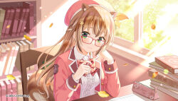 Rule 34 | 1girl, animal ear fluff, animal ears, ayunda risu, book, book stack, bow, bowtie, braid, brown hair, cabinet, chair, character name, collared shirt, frilled shirt, frills, glasses, green eyes, hair ornament, hairpin, head rest, highres, holding, holding pen, hololive, hololive indonesia, jacket, leaf, long hair, long sleeves, maple leaf, multicolored hair, official art, open book, pen, pencil case, pink jacket, red-framed eyewear, shirt, sitting, solo, squirrel ears, squirrel girl, squirrel tail, sunlight, tail, virtual youtuber, window, yatomi