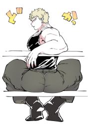 Rule 34 | 1boy, alternate costume, ass, bara, bare shoulders, black tank top, blonde hair, boku no hero academia, casual, from behind, full body, large pectorals, looking at viewer, looking back, male focus, muscular, muscular (boku no hero academia), muscular male, muted color, on bench, pectorals, scar, scar across eye, scar on face, short hair, sidepec, sitting, solo, tank top, thick thighs, thighs, translation request, yazaki (yazakc)