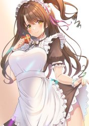 Rule 34 | 1girl, absurdres, alternate costume, apron, bad id, bad pixiv id, blush, box, breasts, brown eyes, brown hair, closed mouth, enmaided, frilled apron, frills, gift, gift box, heart-shaped box, highres, holding, holding gift, idolmaster, idolmaster cinderella girls, idolmaster cinderella girls starlight stage, large breasts, long hair, maid, maid apron, maid headdress, one side up, pink ribbon, ribbon, skirt hold, smile, solo, white apron