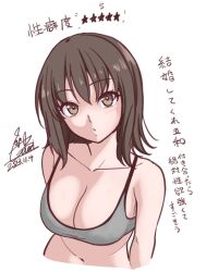 Rule 34 | 1girl, :o, blush, breasts, brown eyes, brown hair, cleavage, collarbone, cototiworld, dated, grey sports bra, highres, itsuwa, large breasts, looking at viewer, medium hair, signature, simple background, solo, sports bra, toaru majutsu no index, translation request, white background