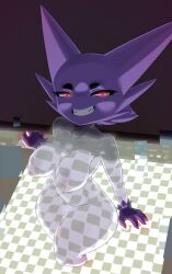 Rule 34 | 1girl, blush stickers, breasts, checkered background, collarbone, colored skin, completely nude, creatures (company), female focus, game freak, gen 1 pokemon, ghost, glitch, glowing, glowing eyes, grin, groin, half-closed eyes, happy, haunter, highres, hitmanatee, inverted nipples, large breasts, looking at viewer, navel, nintendo, nipples, nude, personification, pokemon, pokemon (creature), purple skin, red eyes, smile, solo, teeth, thick eyebrows, thick thighs, thighs, through medium, through screen, see-through body, underlighting, wide hips