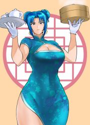 Rule 34 | 1girl, alternate costume, anagumasan, baozi, blue dress, blue eyes, blue hair, breasts, china dress, chinese clothes, cup, double bun, dress, earrings, food, gloves, hair bun, highres, jewelry, legs, leona heidern, looking at viewer, snk, solo, teacup, teapot, the king of fighters, thighs, triangle earrings