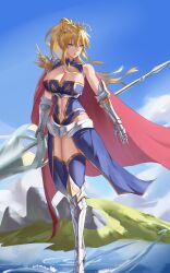 Rule 34 | 1girl, abs, absurdres, alternate costume, armor, artoria pendragon (fate), artoria pendragon (lancer) (fate), blonde hair, blue background, blue gloves, blue leotard, blue sky, blue thighhighs, braid, braided bun, breast cutout, breasts, cape, cleavage, closed mouth, clothing cutout, cloud, crown, eyebrows hidden by hair, fate/grand order, fate (series), floating, freed turing, french braid, fur-trimmed cape, fur trim, gauntlets, gloves, green eyes, hair bun, heattech leotard, highleg, highleg leotard, highres, hip vent, lance, large breasts, leg armor, leotard, linea alba, long hair, mountainous horizon, ocean, polearm, ponytail, red cape, rhongomyniad (fate), shoulder armor, sidelocks, simple background, sky, sleeveless, sleeveless turtleneck, sleeveless turtleneck leotard, smile, spear, stomach cutout, thighhighs, toned stomach, turtleneck, water, weapon