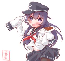 Rule 34 | &gt;:d, 10s, 1girl, :d, akatsuki (kancolle), artist name, black eyes, black hair, curry, curry rice, flat cap, food, hat, highres, kanon (kurogane knights), kantai collection, long hair, long sleeves, looking at viewer, midriff, neckerchief, open mouth, pantyhose, pleated skirt, red neckerchief, rice, school uniform, serafuku, signature, simple background, skirt, sleeves past wrists, smile, solo, spoon, v-shaped eyebrows
